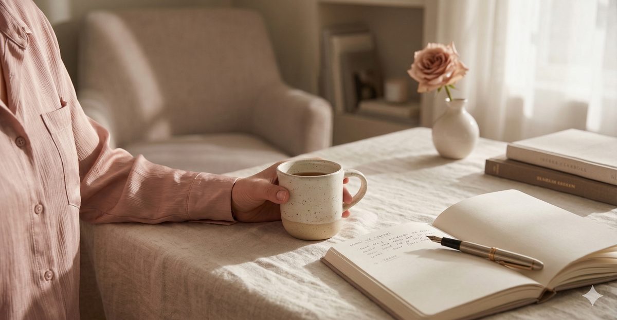 Woman reflecting on relationship patterns with journal and coffee