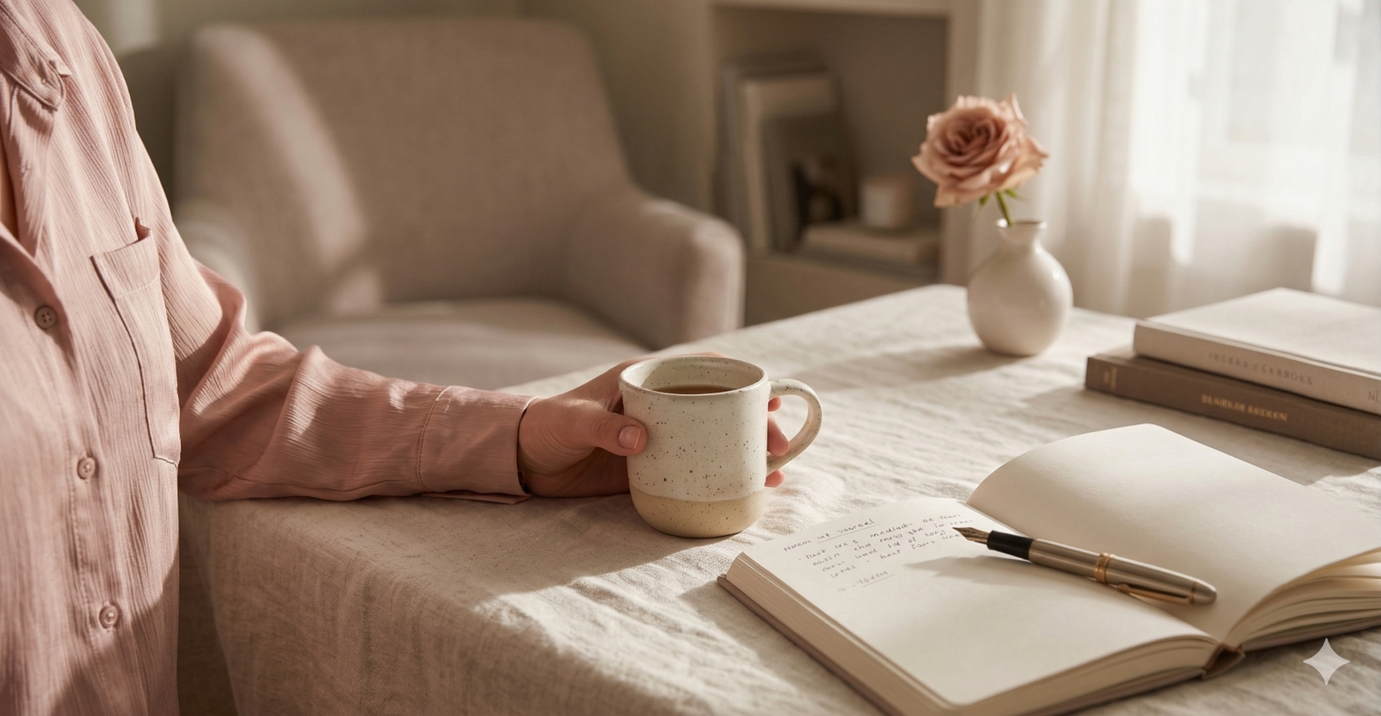 Woman reflecting on relationship patterns with journal and coffee